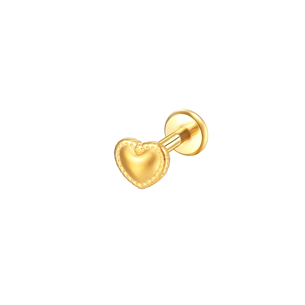 14K Gold Minimalist 3D Heart Ball Labret Stud – Internally Threaded Lip Piercing Jewelry
