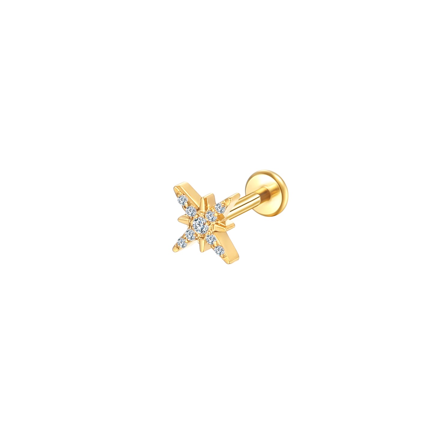Titanium 8 Point Star Lip Stud 9 CZ Stones, Hypoallergenic 16G Piercing Jewelry