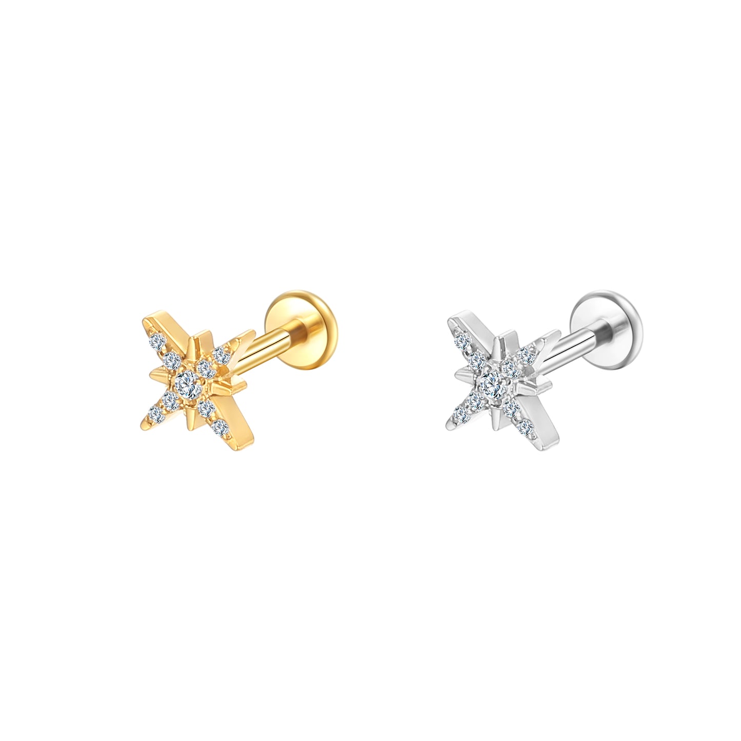 Titanium 8 Point Star Lip Stud 9 CZ Stones, Hypoallergenic 16G Piercing Jewelry