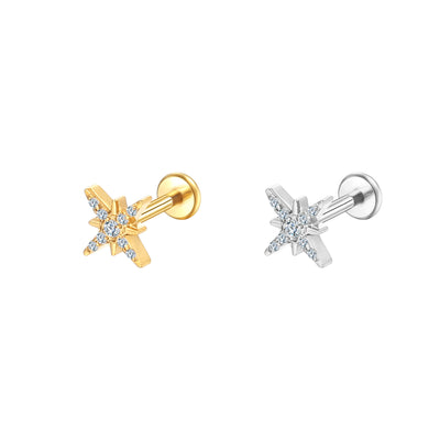Titanium 8 Point Star Lip Stud 9 CZ Stones, Hypoallergenic 16G Piercing Jewelry