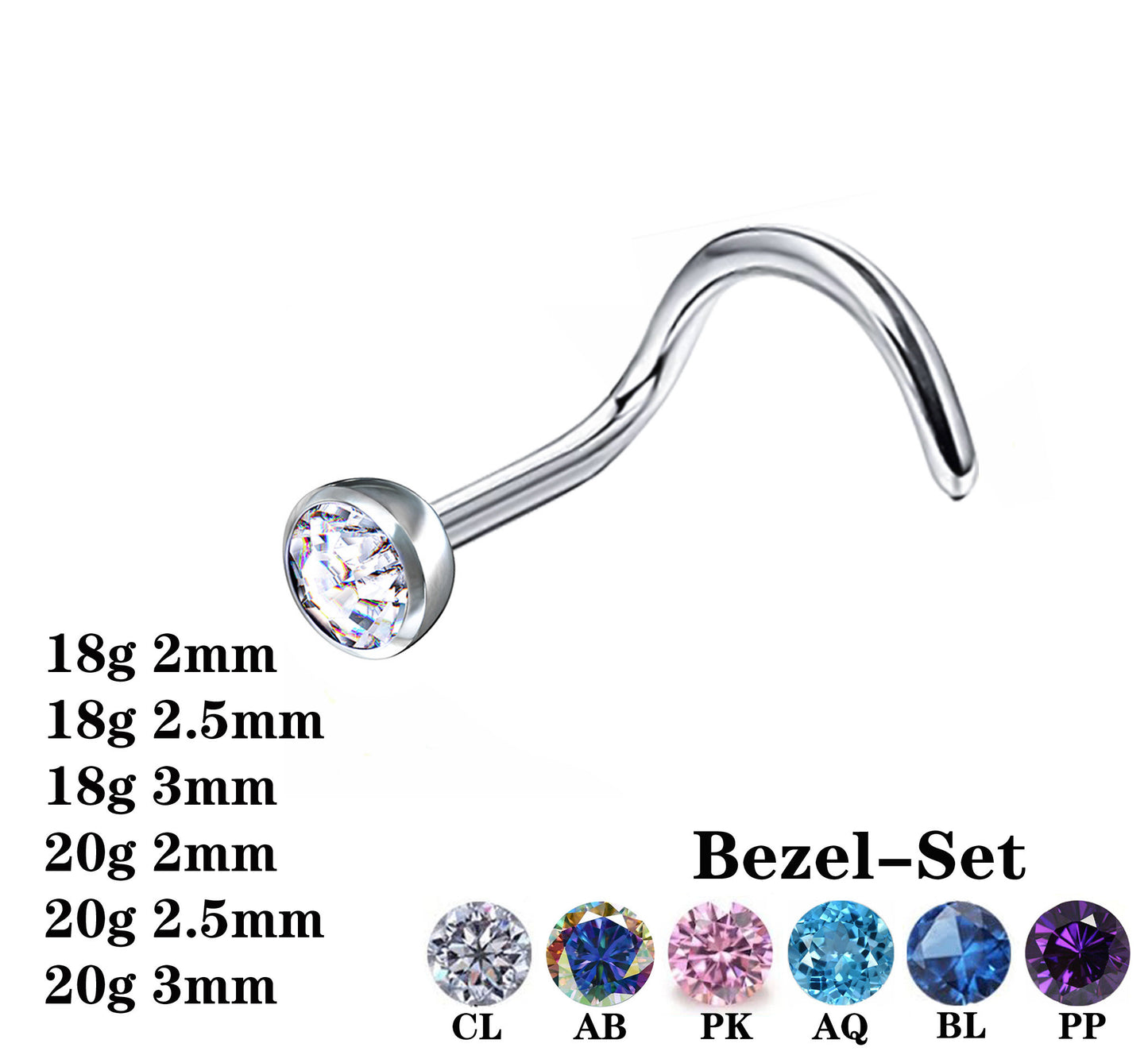 Internally Threaded Titanium Nose Piercing – Bezel Gem Set