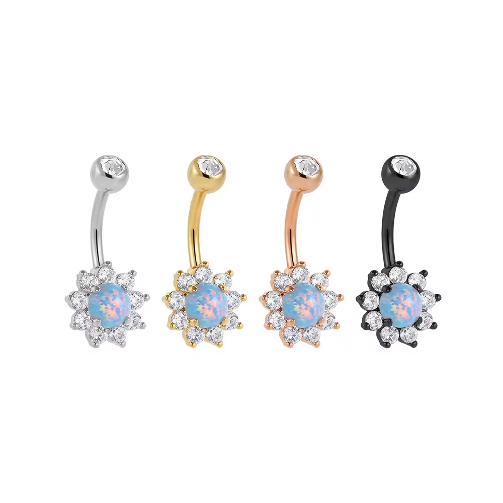 Floral Opal Belly Ring CZ Petal Design