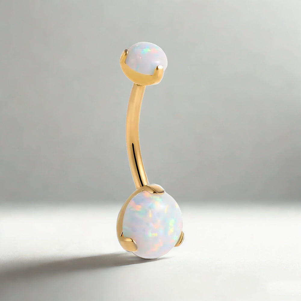 14K Gold Double Pearl Belly Button Ring – Elegant Navel Piercing Jewelry