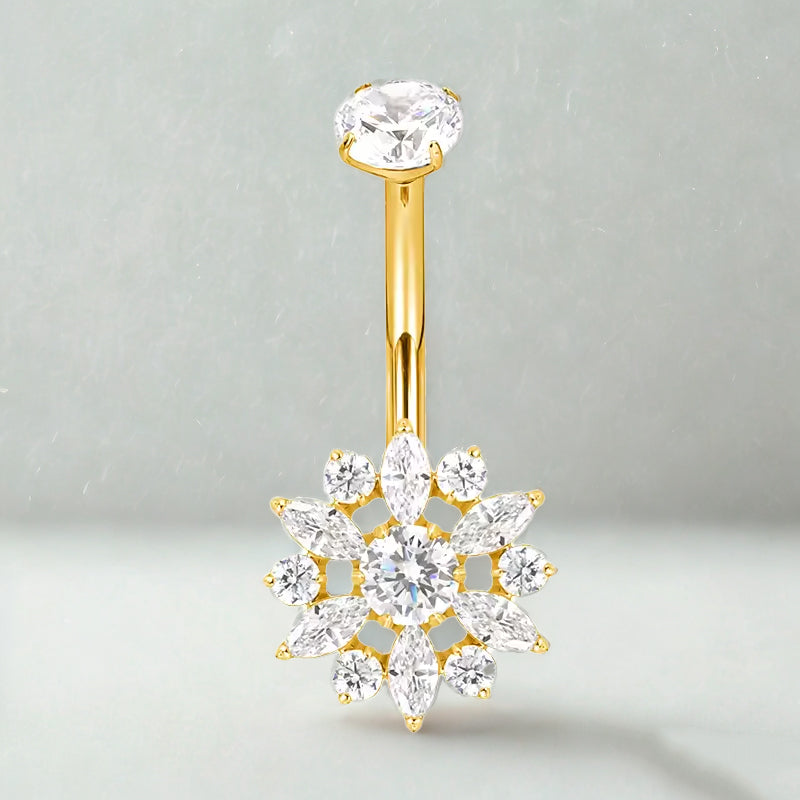 Titanium Bezel-Set CZ Top with CZ Flower Belly Button Ring