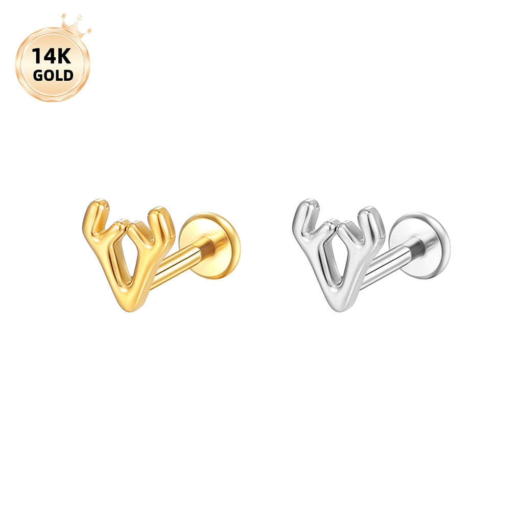 14K Gold Minimalist Antler Labret Stud – Elegant Lip Piercing Jewelry
