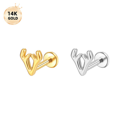 14K Gold Minimalist Antler Labret Stud – Elegant Lip Piercing Jewelry