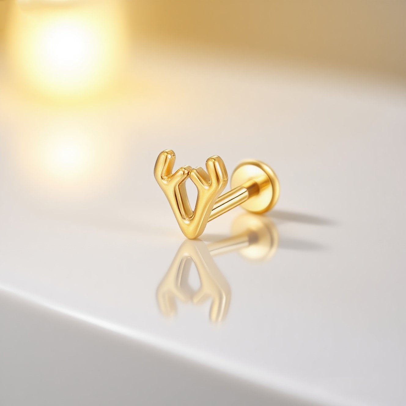 14K Gold Minimalist Antler Labret Stud – Elegant Lip Piercing Jewelry