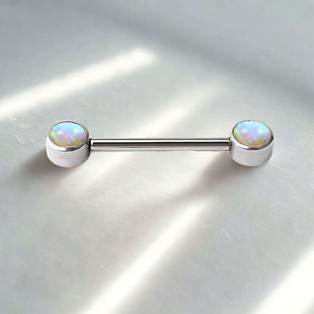 ASTM F136 Titanium 14G Internally Threaded Barbell with Bezel-Set Opal – Nipple, Lip, Eyebrow Piercing Jewelry