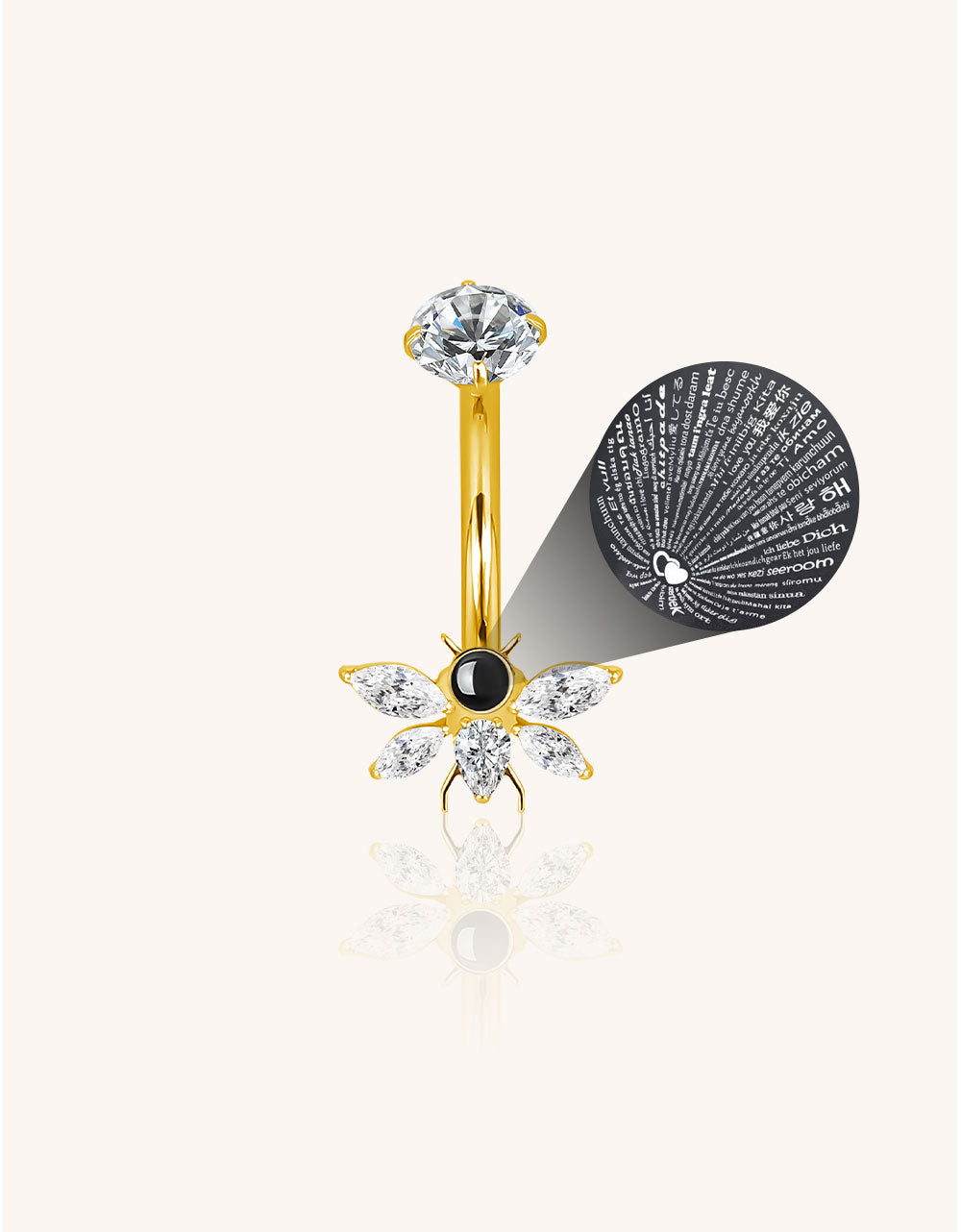 Butterfly Belly Button Ring with CZ Crystal Micro Projection “I Love You” in 100 Languages Piercing Jewelry