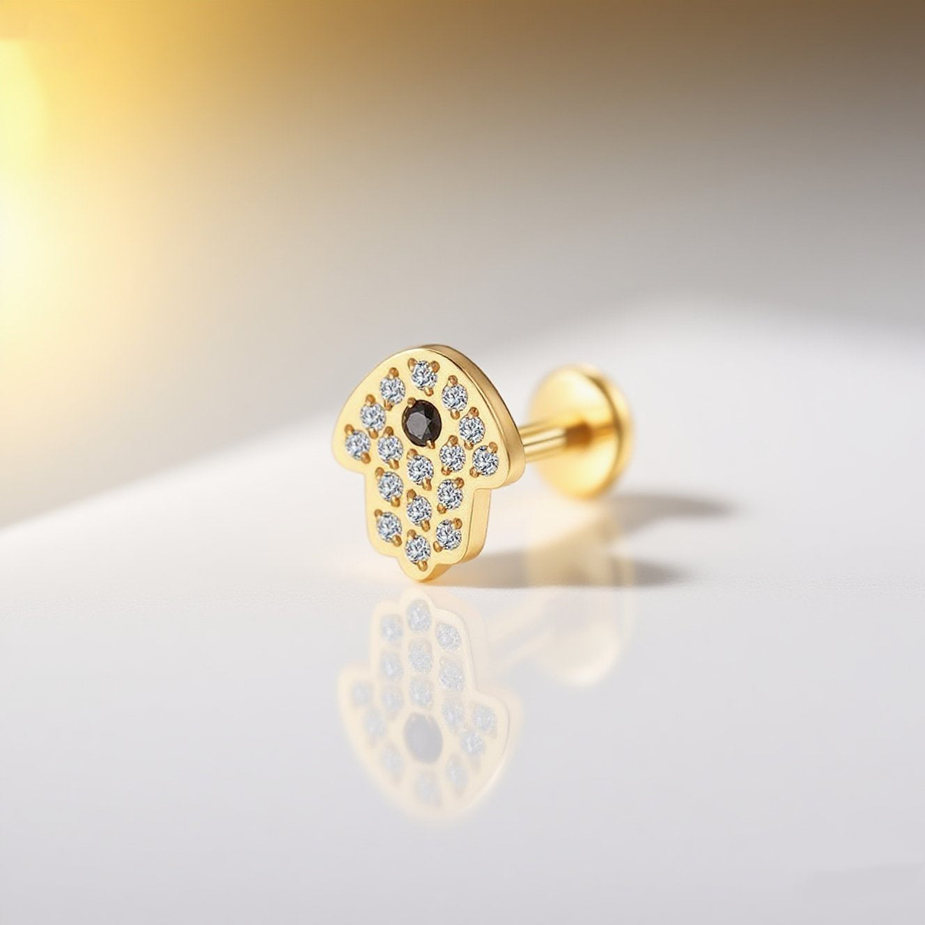 14K Gold Hand Palm Labret Stud with Pave CZ – Internally Threaded Lip Piercing Jewelry