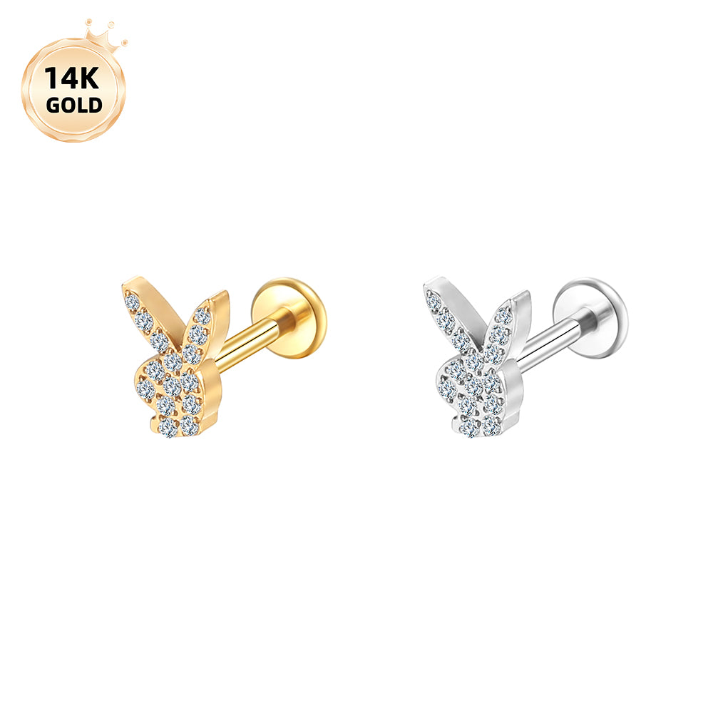 14K Gold Playboy Bunny Labret Stud with 15 Pave CZ – Internally Threaded Lip Piercing Jewelry