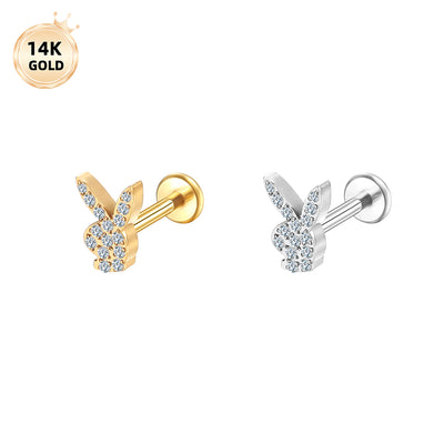 14K Gold Playboy Bunny Labret Stud with 15 Pave CZ – Internally Threaded Lip Piercing Jewelry
