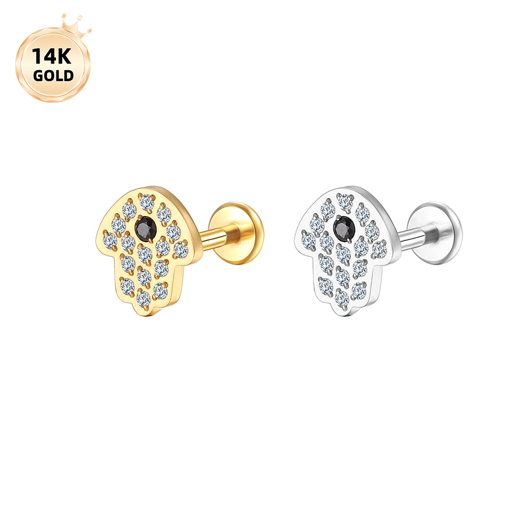 14K Gold Hand Palm Labret Stud with Pave CZ – Internally Threaded Lip Piercing Jewelry