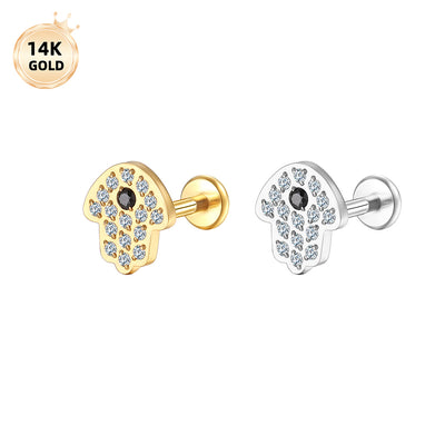 14K Gold Hand Palm Labret Stud with Pave CZ – Internally Threaded Lip Piercing Jewelry