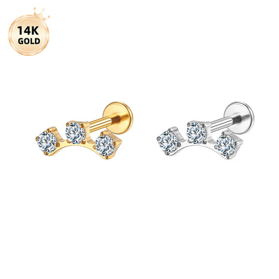 14K Gold Three Round CZ Labret Stud with Square Edge – Internally Threaded Lip Piercing Jewelry