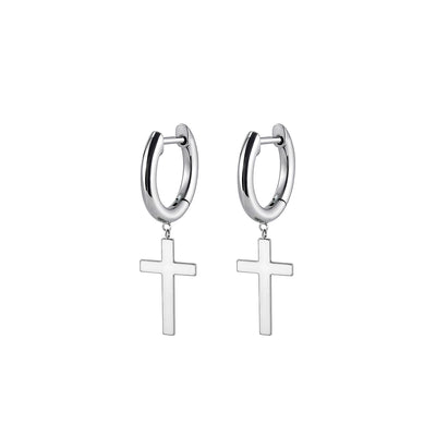 F136 Titanium D-Shaped Hoop with Cross Pendant–Hypoallergenic Earring