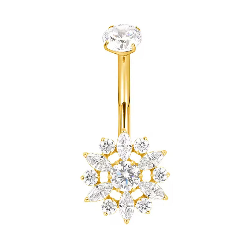 Titanium Bezel-Set CZ Top with CZ Flower Belly Button Ring