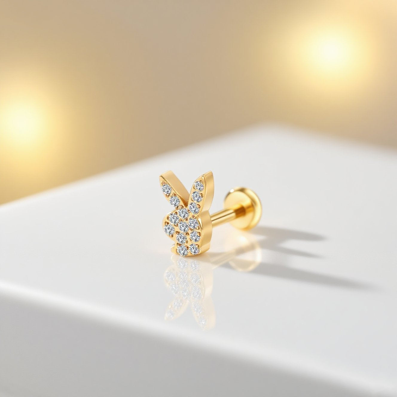 14K Gold Playboy Bunny Labret Stud with 15 Pave CZ – Internally Threaded Lip Piercing Jewelry