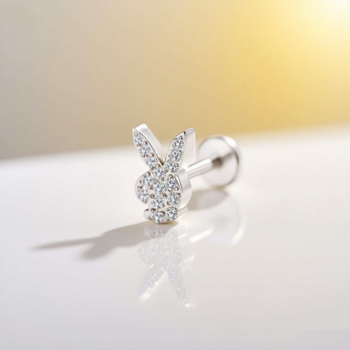 14K Gold Playboy Bunny Labret Stud with 15 Pave CZ – Internally Threaded Lip Piercing Jewelry