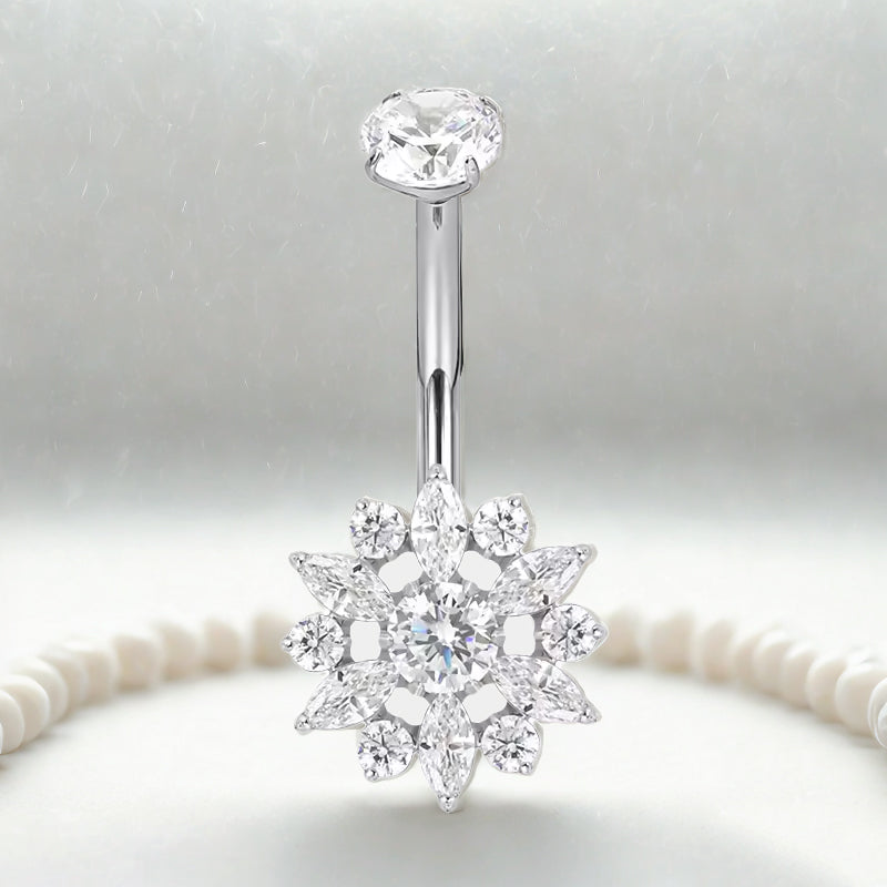 Titanium Bezel-Set CZ Top with CZ Flower Belly Button Ring