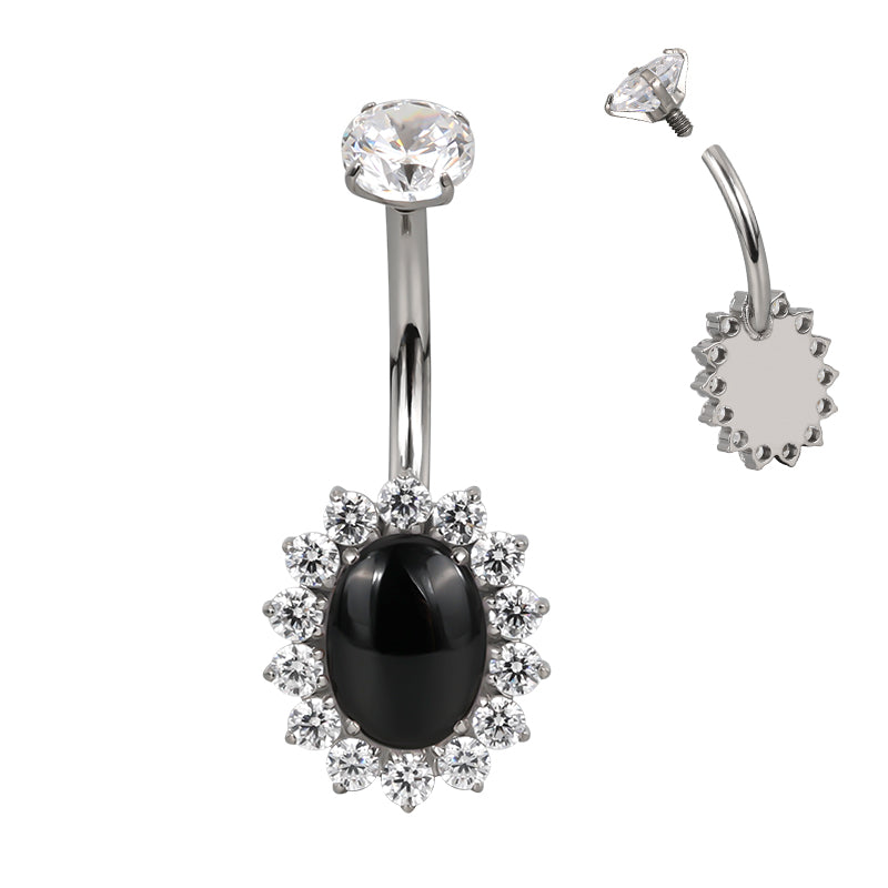 F136 Titanium Flower Navel Ring & Oval Natural Stone Center
