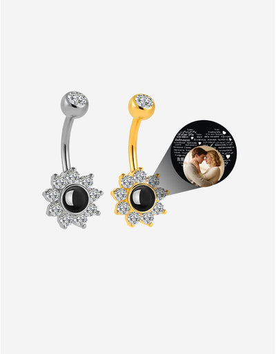 Flower Belly Button Ring with CZ Crystal Custom Photo Projection Personalized Memory Piercing Jewelry