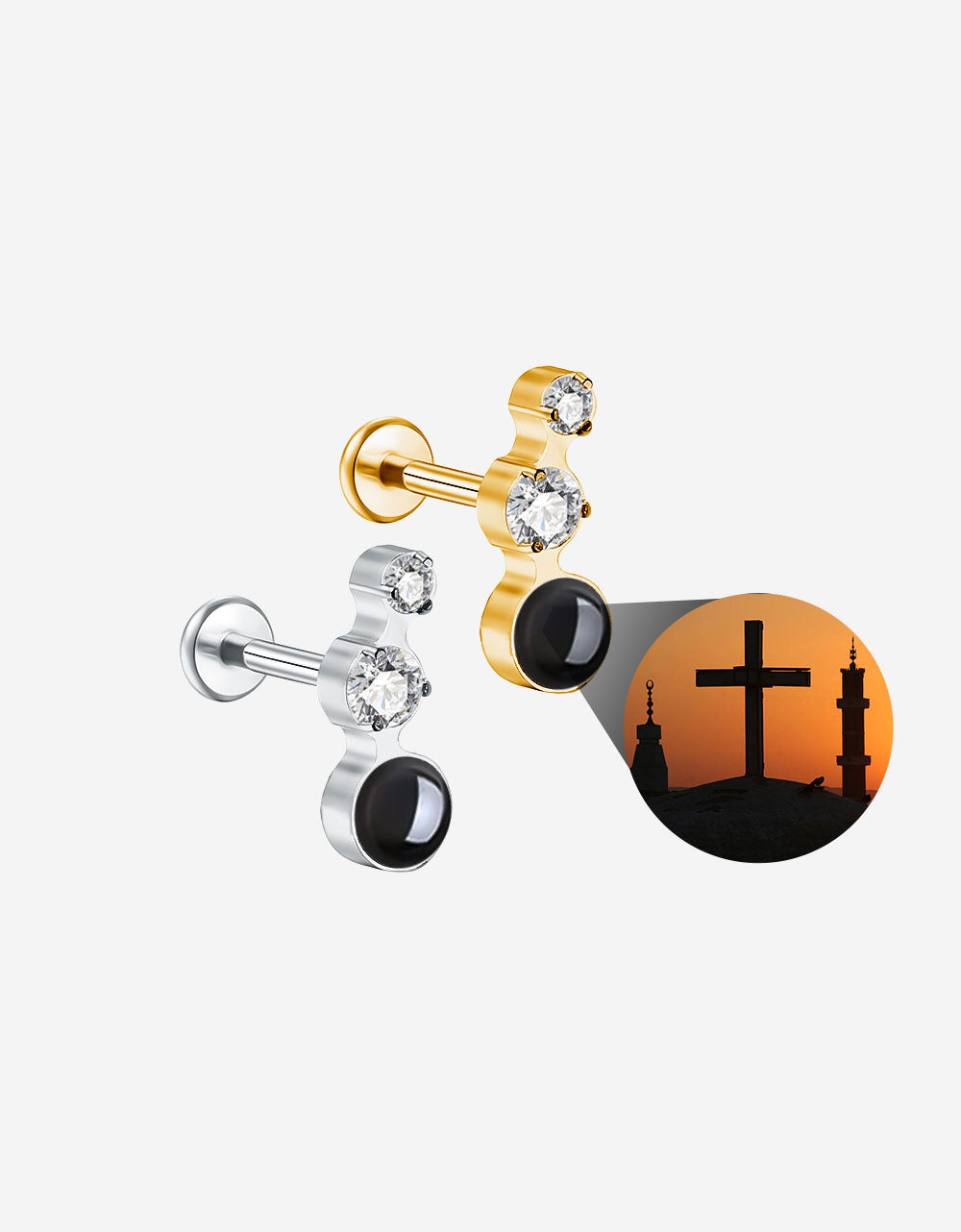 Double Stone Projector Cross Earring F136 Titanium Personalized Piercing Jewelry
