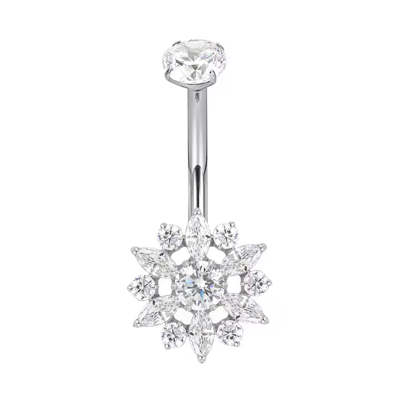 Titanium Bezel-Set CZ Top with CZ Flower Belly Button Ring