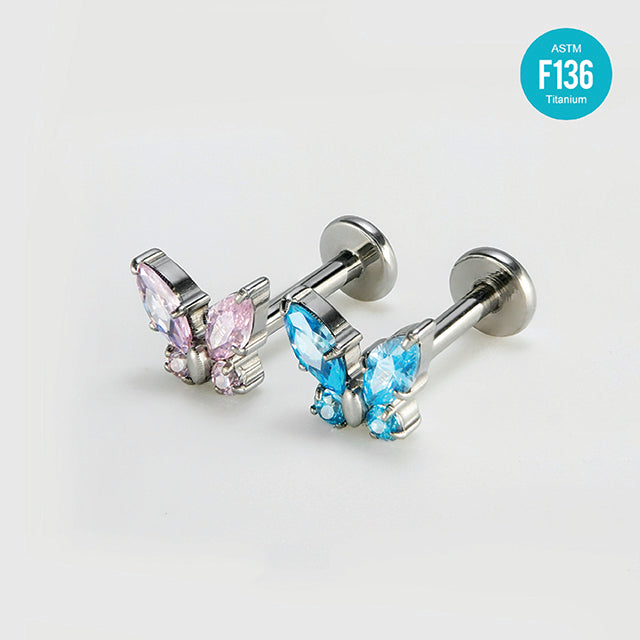 F136 Titanium Butterfly CZ Stud Head – Internally Threaded Flat Back Piercing Jewelry