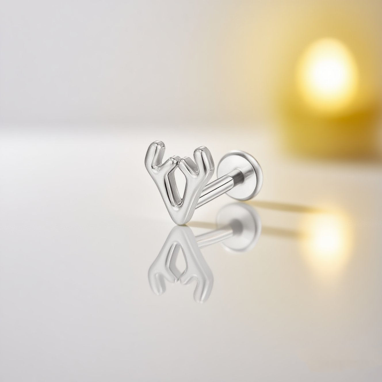 14K Gold Minimalist Antler Labret Stud – Elegant Lip Piercing Jewelry
