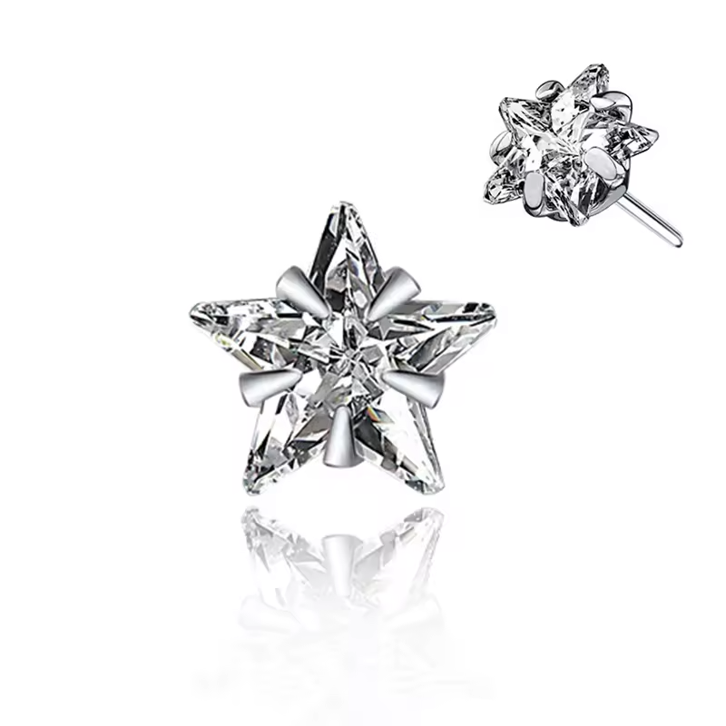 Titanium Labret Top with CZ – 3/4/5 Prong Set Square, Star, Heart, Triangle | 16G Internally Threaded or Push Pin Lip & Helix Piercing