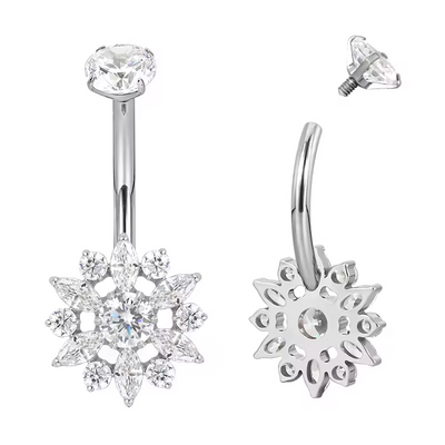 Titanium Bezel-Set CZ Top with CZ Flower Belly Button Ring