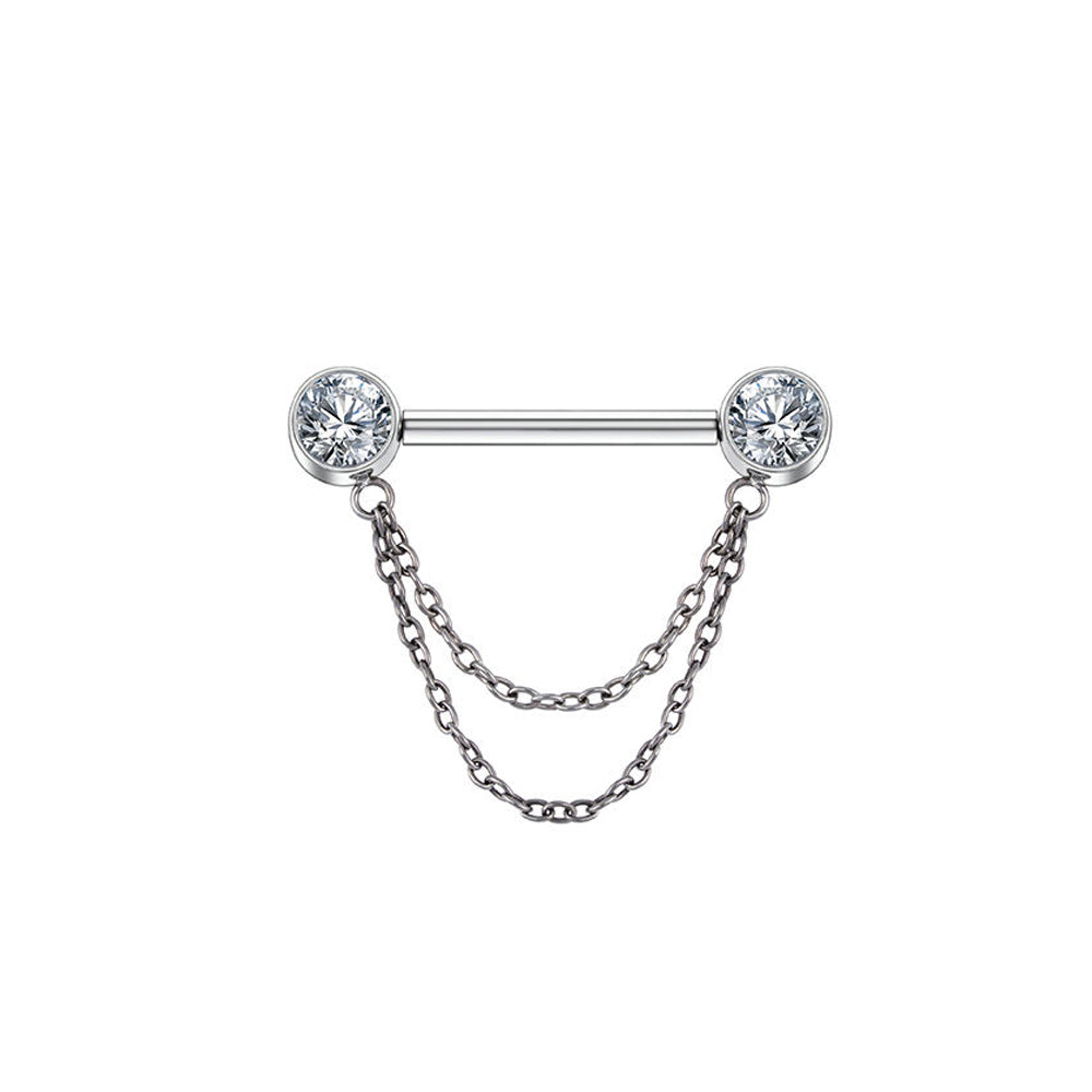 Double CZ End Nipple Stud with Chain – Stylish Body Piercing Jewelry