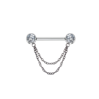 Double CZ End Nipple Stud with Chain – Stylish Body Piercing Jewelry