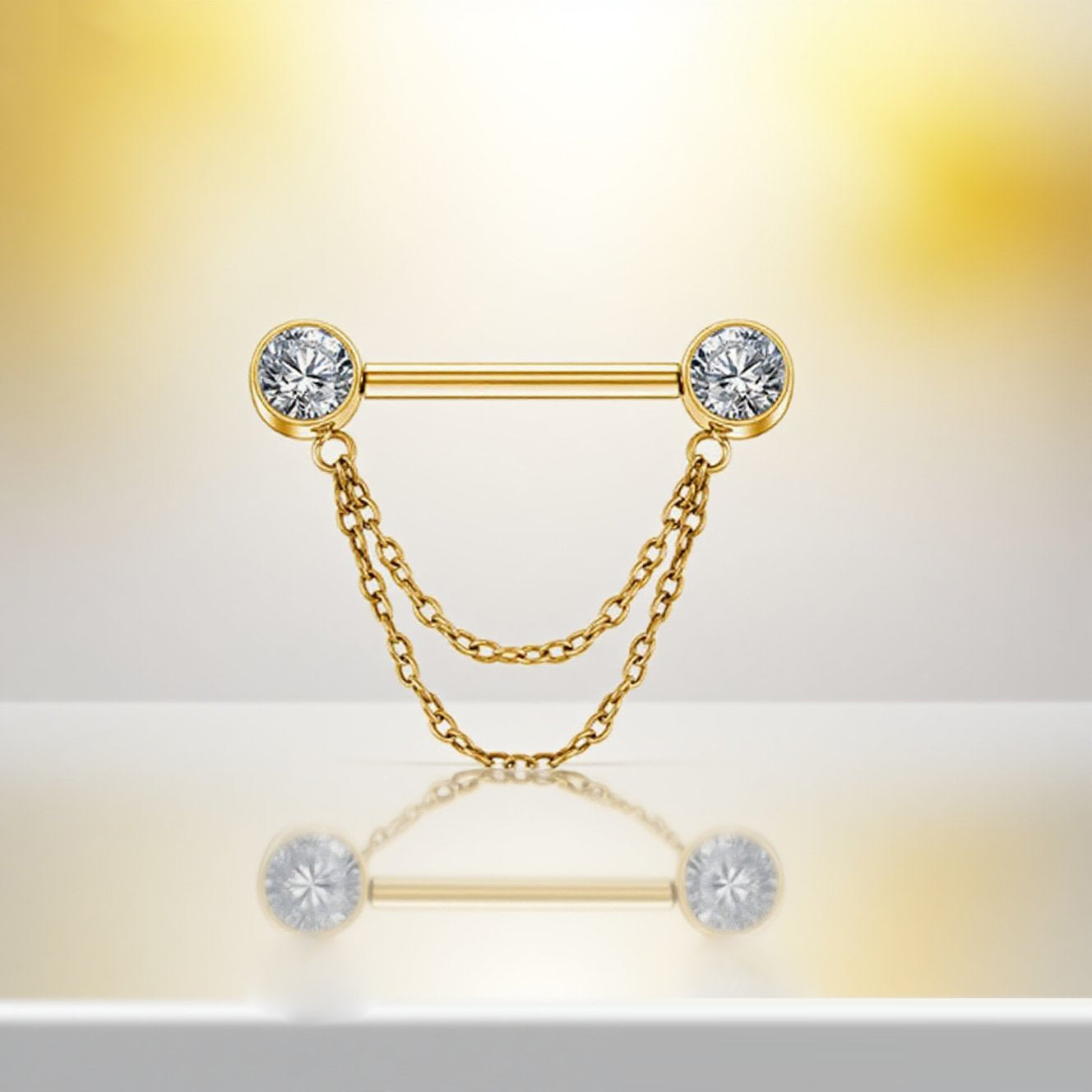 Double CZ End Nipple Stud with Chain – Stylish Body Piercing Jewelry