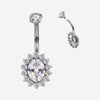 Titanium Internally Threaded Bezel Set CZ Top With Oval CZ Center Flower Belly Ring