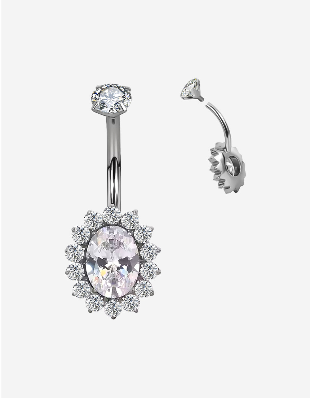 Titanium Internally Threaded Bezel Set CZ Top With Oval CZ Center Flower Belly Ring