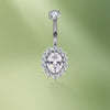 Titanium Internally Threaded Bezel Set CZ Top With Oval CZ Center Flower Belly Ring