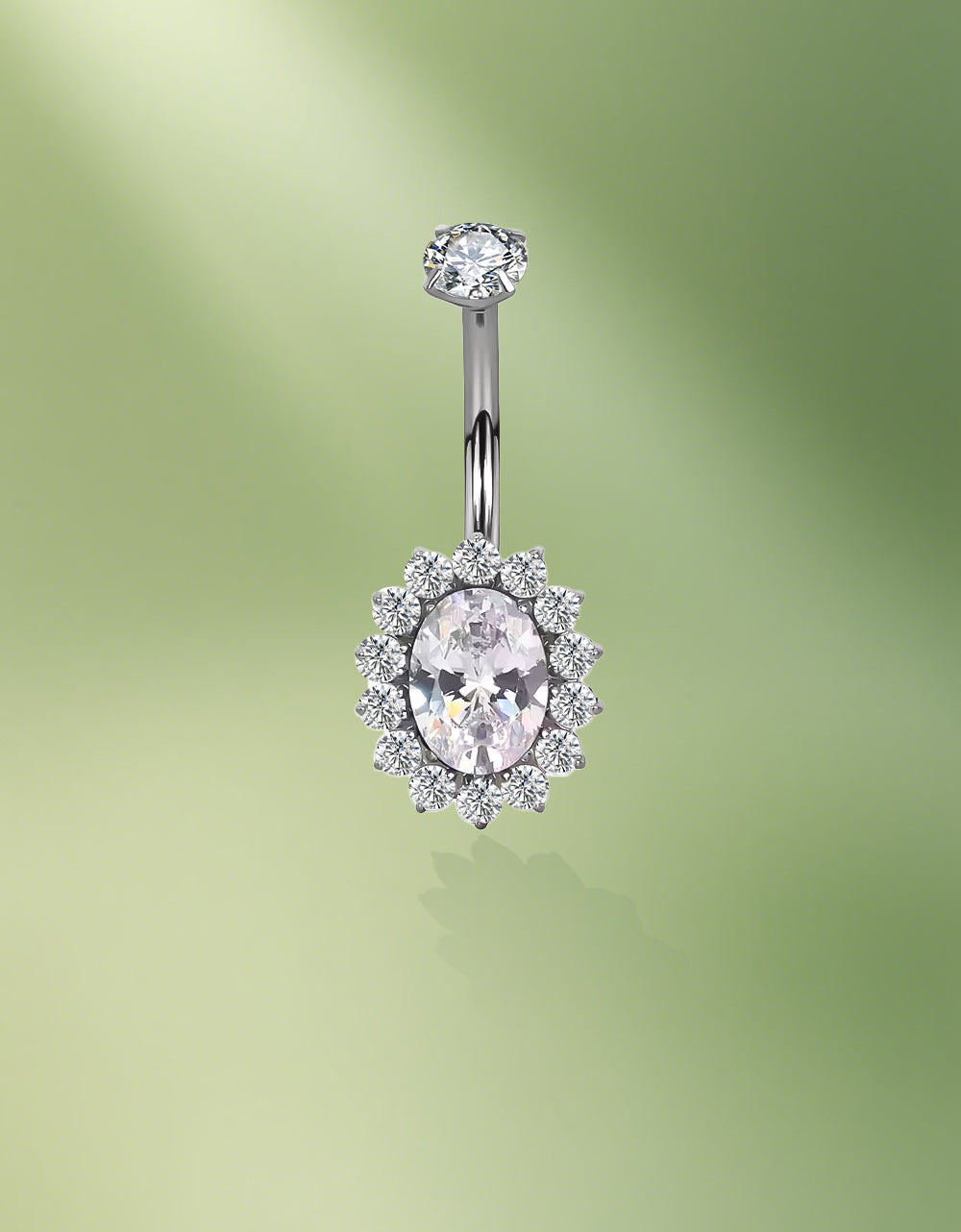 Titanium Internally Threaded Bezel Set CZ Top With Oval CZ Center Flower Belly Ring