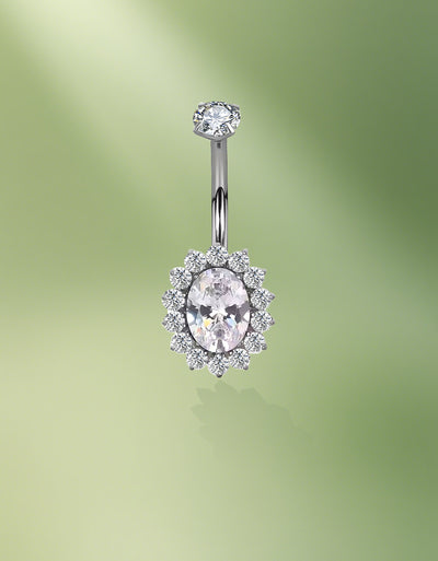 Titanium Internally Threaded Bezel Set CZ Top With Oval CZ Center Flower Belly Ring