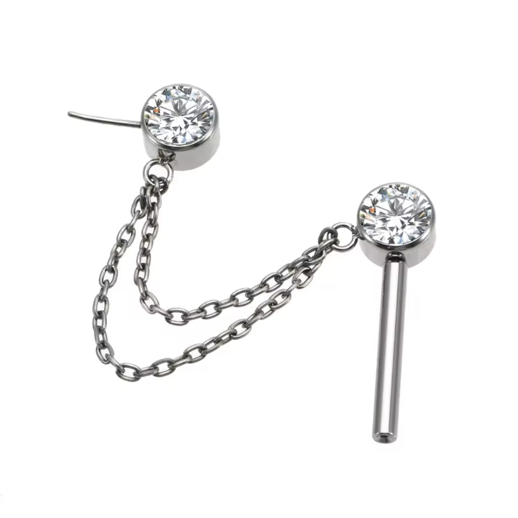 Double CZ End Nipple Stud with Chain – Stylish Body Piercing Jewelry