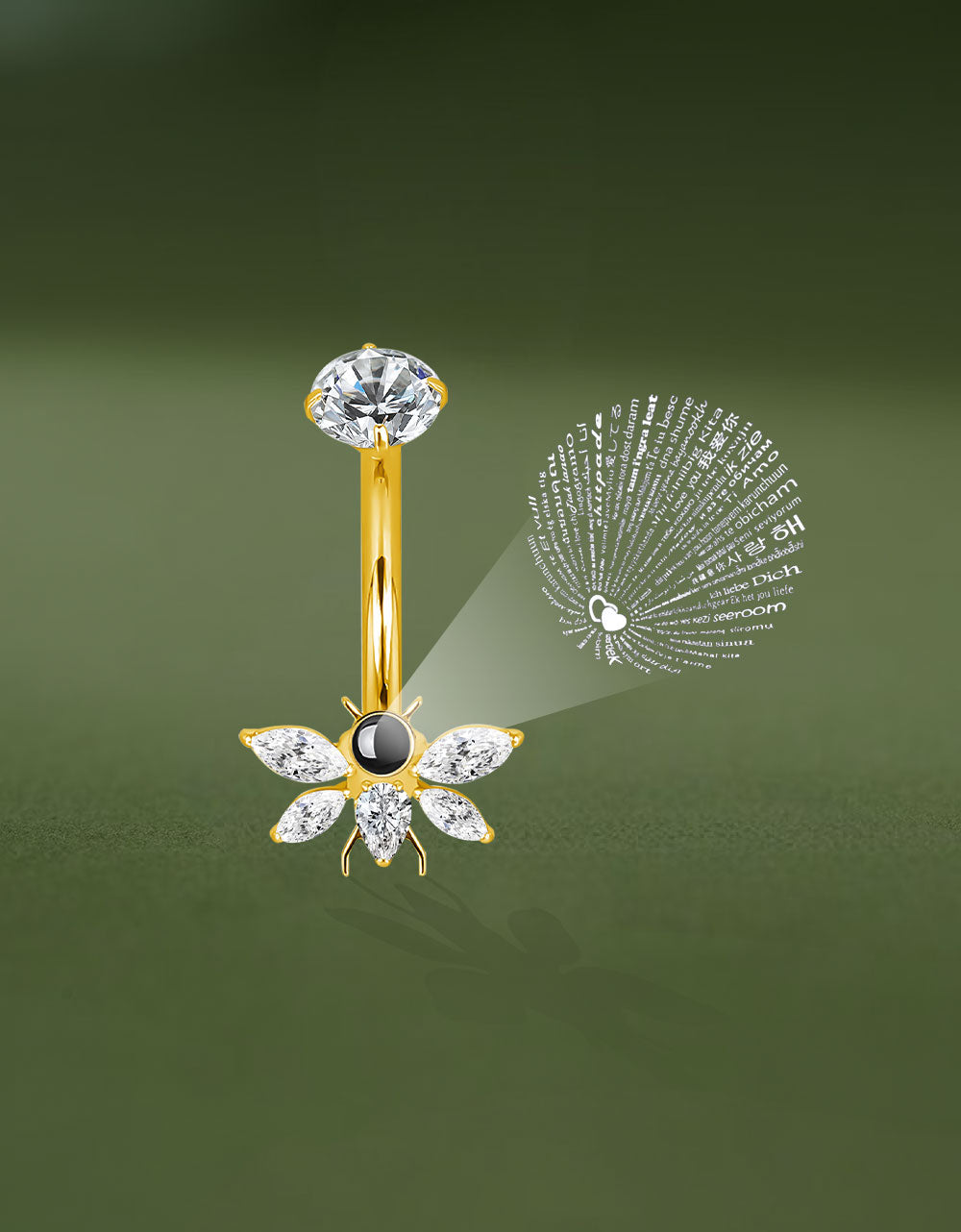 Butterfly Belly Button Ring with CZ Crystal Micro Projection “I Love You” in 100 Languages Piercing Jewelry