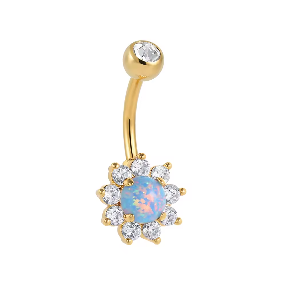 Floral Opal Belly Ring CZ Petal Design