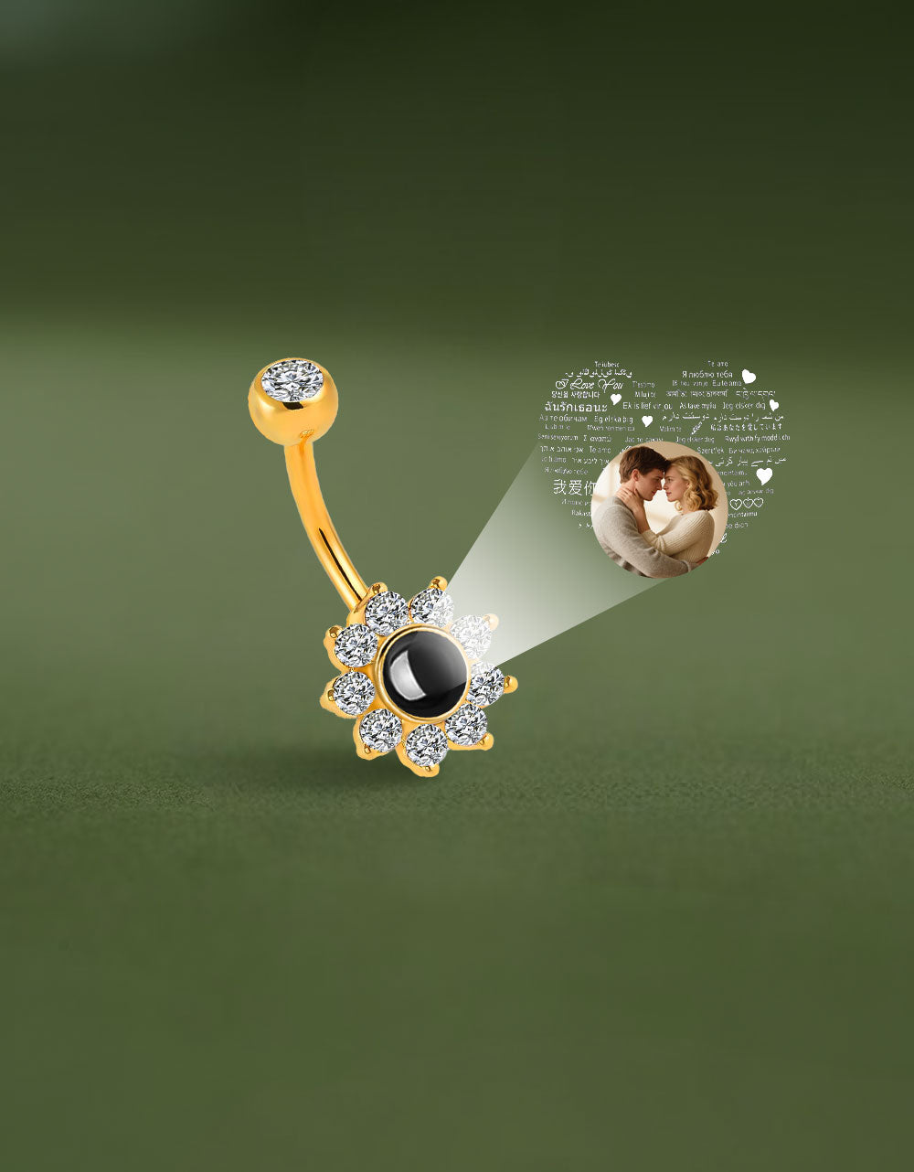 Flower Belly Button Ring with CZ Crystal Custom Photo Projection Personalized Memory Piercing Jewelry