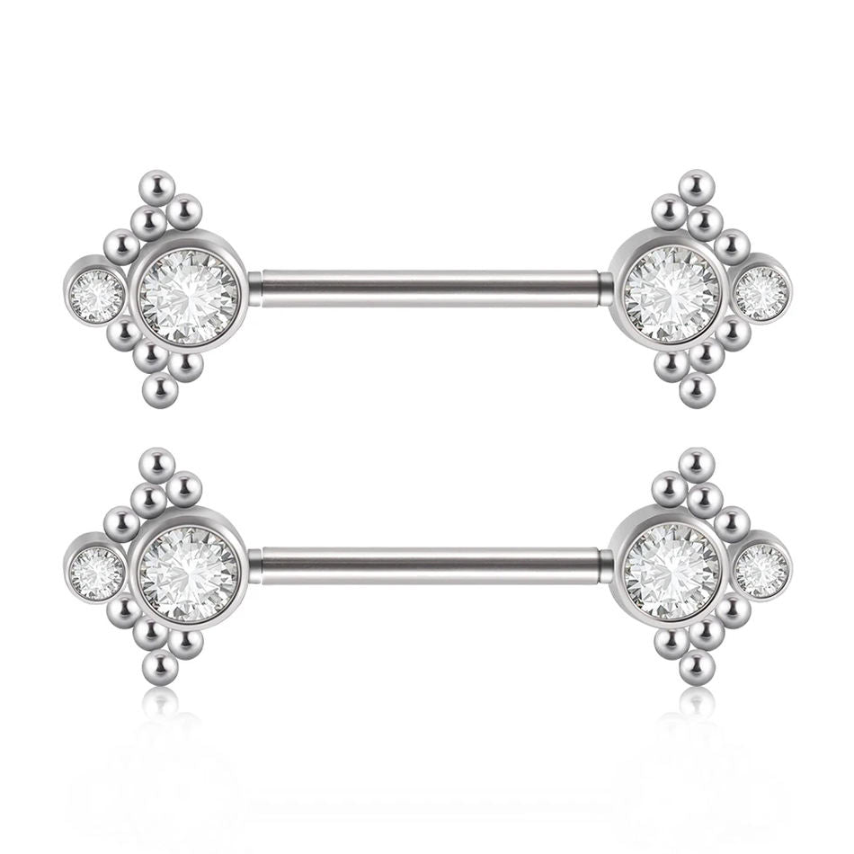 Double CZ Nipple Barbell with Chain – Hypoallergenic Titanium