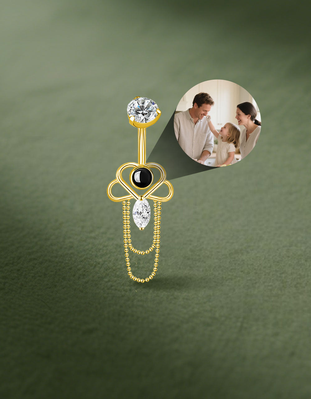 Heart Belly Button Ring with Chain Custom Photo Micro Projection Romantic Piercing Jewelry