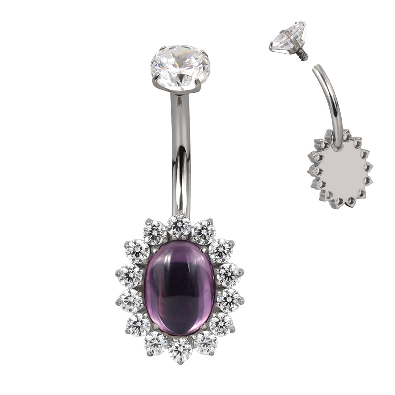 F136 Titanium Flower Navel Ring & Oval Natural Stone Center