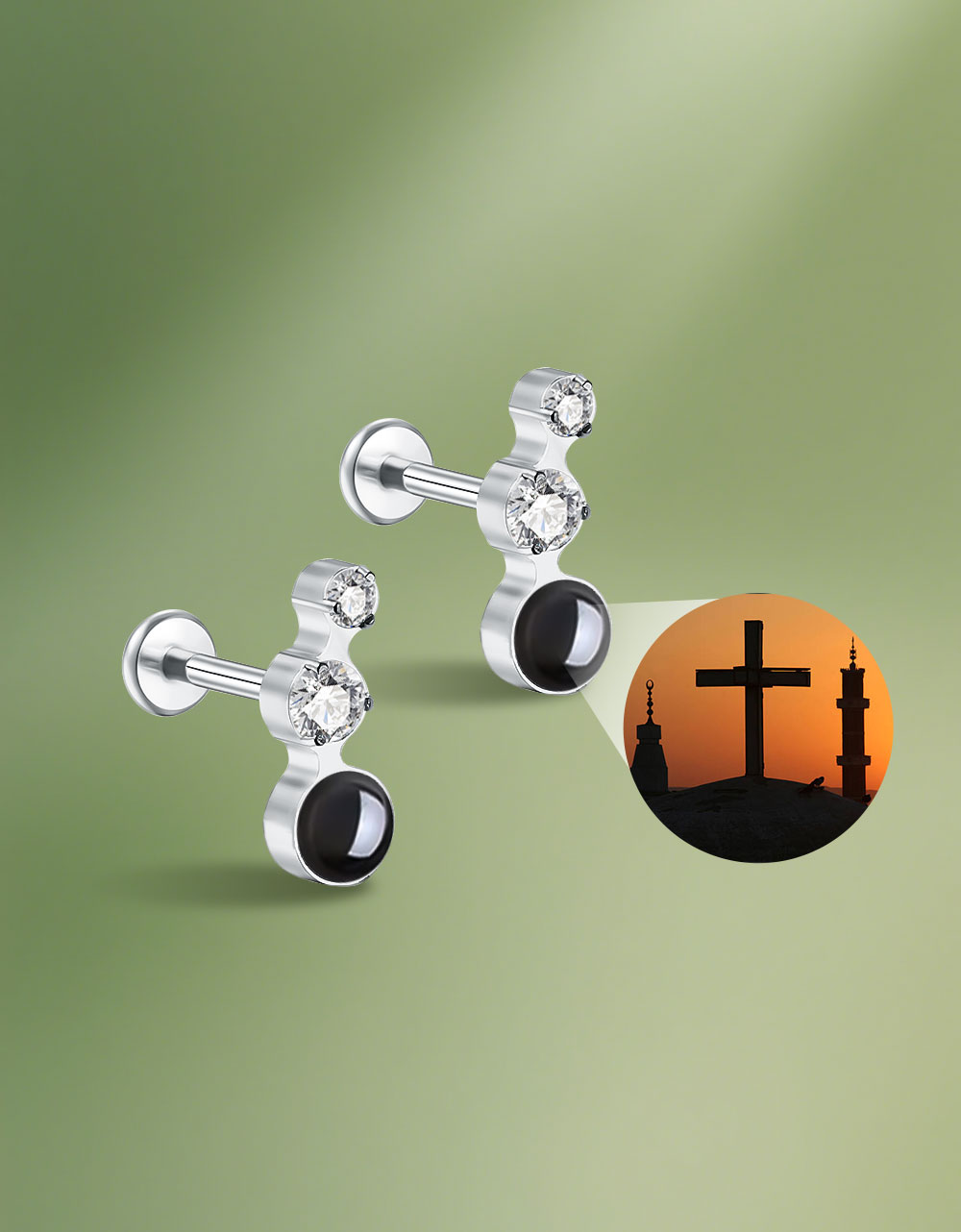 Double Stone Projector Cross Earring F136 Titanium Personalized Piercing Jewelry
