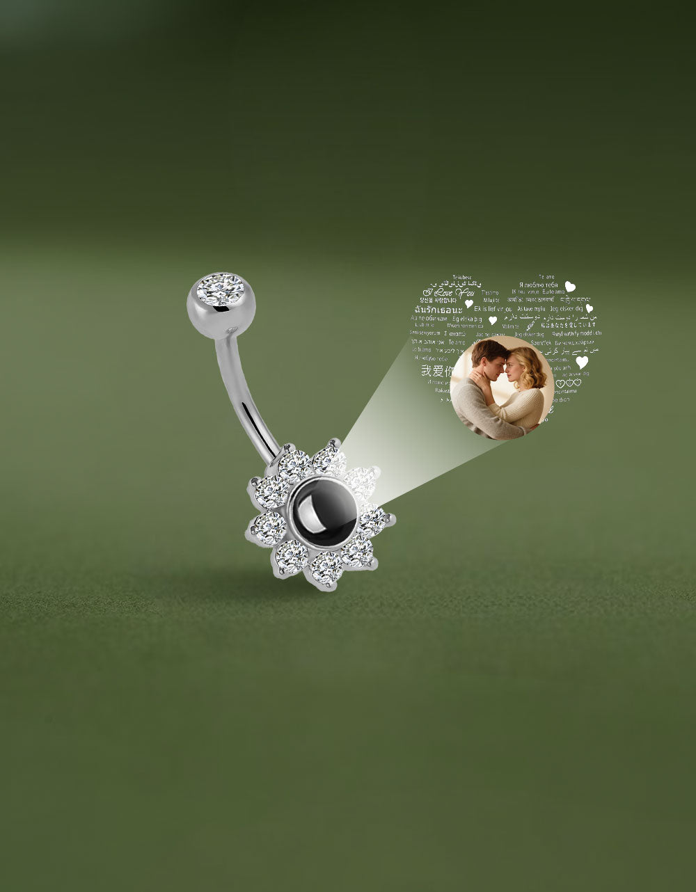 Flower Belly Button Ring with CZ Crystal Custom Photo Projection Personalized Memory Piercing Jewelry