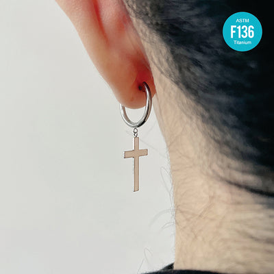 F136 Titanium D-Shaped Hoop with Cross Pendant–Hypoallergenic Earring